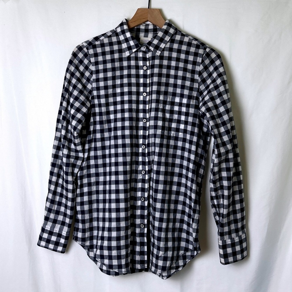 J.Crew Women Boy Fit Gingham Checkered Button Down Shirt Size S Navy Blue Cotton